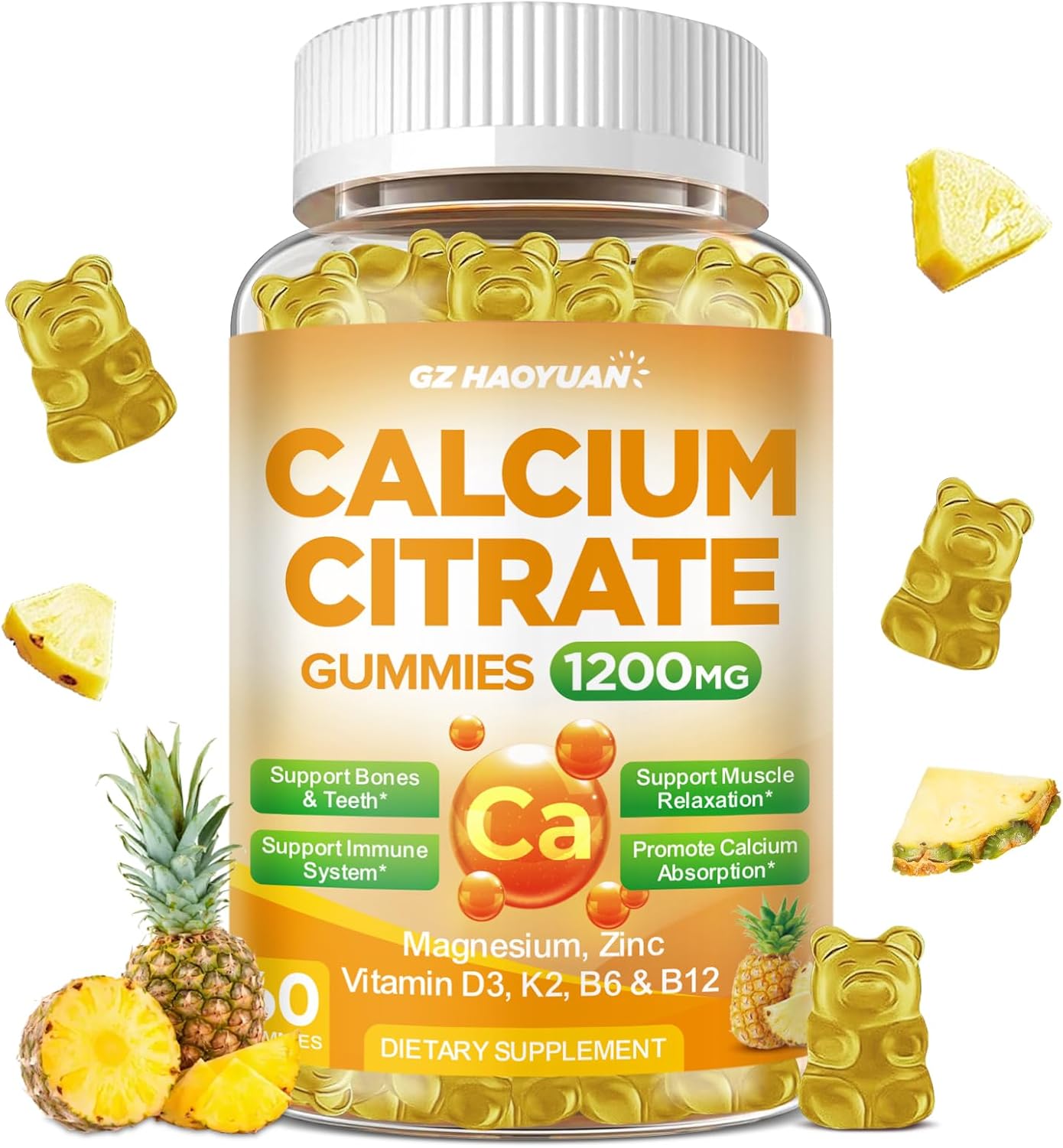 Calcium Citrate Gummies - 1200mg Calcium Gummies Supplements for Women & Men with Vitamin D3, K2, Magnesium, Zinc High Absorption for Bone, Muscle & Immune Support, Pineapple Flavor, 60 Count