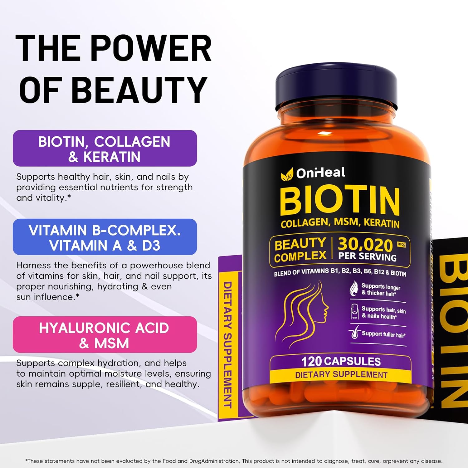 Biotin, Collagen, Hyaluronic Acid and Keratin Complex OnHeal Hair Regrowth Vitamin 30020mg - 120 Capsules for Thick Hair, Moisturized Skin, Strong Nails