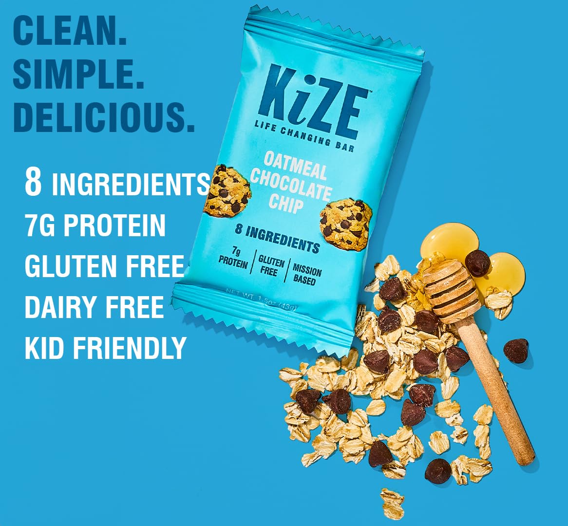 KiZE Energy Bars - Oatmeal Chocolate Chip - Gluten Free, Dairy Free, Non-GMO, and High Protein Meal Replacement Energy Bars, Clean and Simple Food Ingredients - 7g High Protein Snacks, (10 Count)