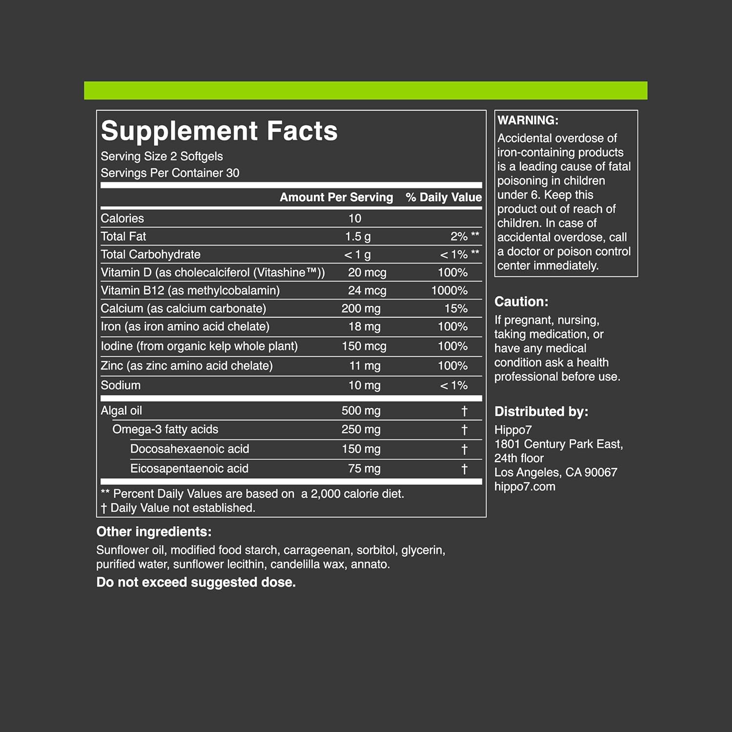 Vegan Complete Multivitamin Vitamin B12, Vitamin D, Omega-3 DHA+EPA, Calcium, Iodine, Zinc & Iron. (1 Bottle, 60 Softgels)
