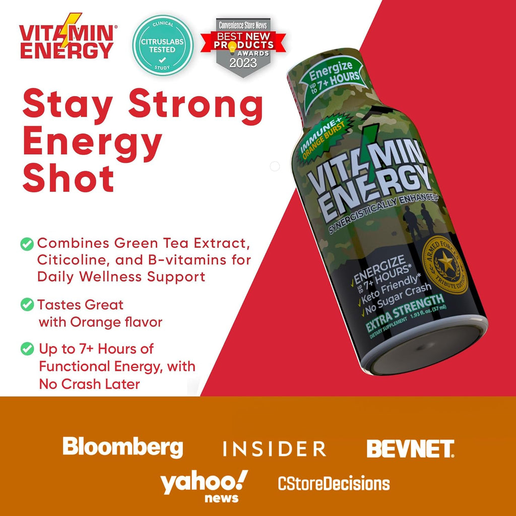 Vitamin Energy Immune+ Extra Strength Energy Shot Army Orange 48 Pack, 260mg Natural Caffeine, B-Vitamins, Citicoline, Green Tea, Immunity & Focus Support, Zero Sugar, Gluten-Free 1.93 fl oz