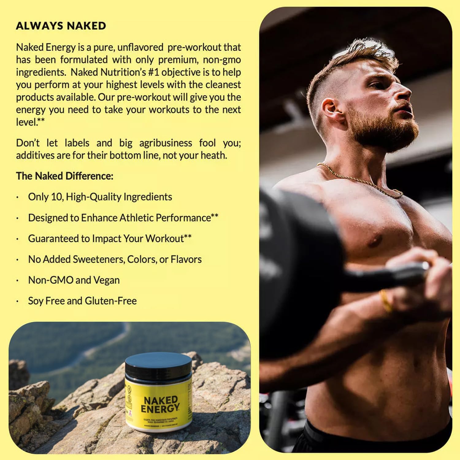 NAKED Energy - Pure Pre Workout Powder for Men and Women, Vegan, Unflavored, Healthy Pre Workout - No Added Sweeteners, Colors Or Flavors - 50 Servings