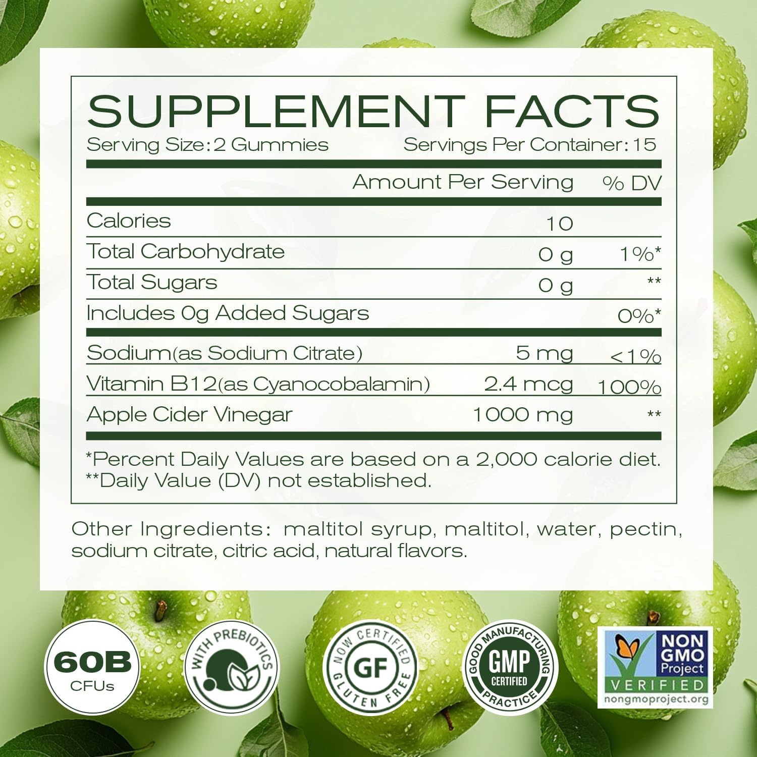 Sugar-Free Apple Cider Vinegar (ACV) Gummies with The Mother & B12, Vegan, Non-GMO, Gluten- & Gelatin-Free, 120 Count, Great Taste, Keto-Friendly