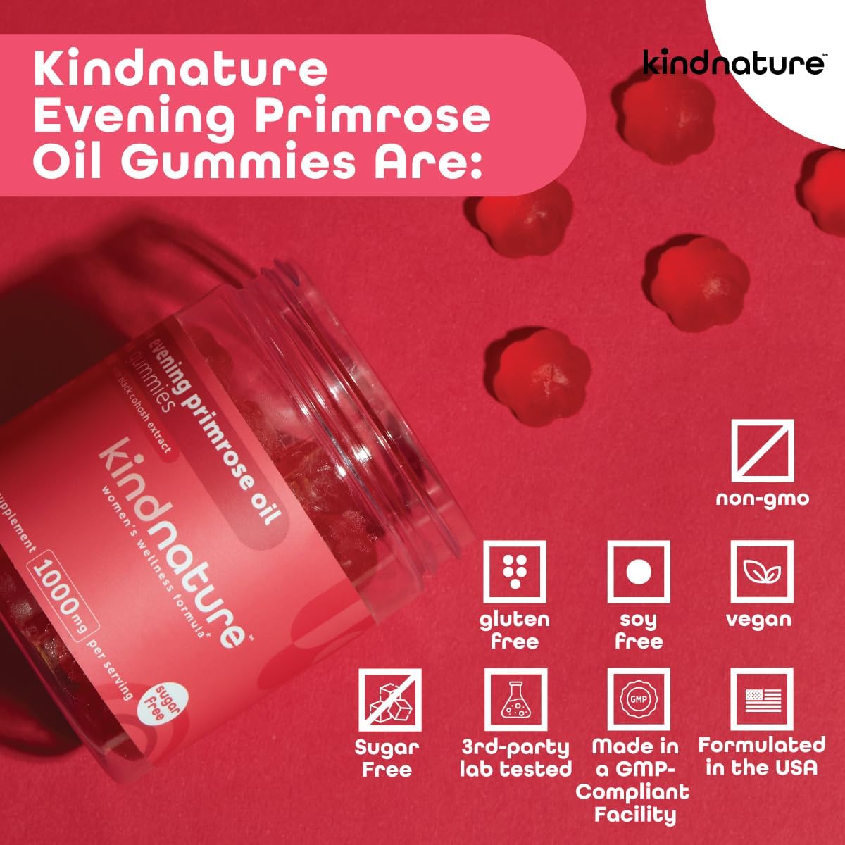 kindnature Evening Primrose Oil Gummies for Women – 1000mg with Black Cohosh Extract – Hormonal Balance, PMS & Menopause Support – Vegan, Sugar-Free, Non-GMO