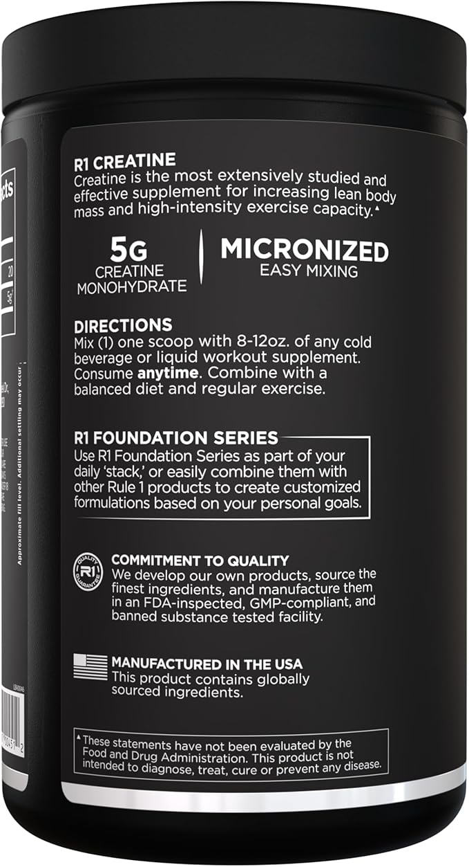 Rule 1 Creatine Powder – Pure Micronized Creatine Monohydrate for High-Intensity Exercise and Lean Body Mass Support, Flavored and Unflavored (75 Servings, Unflavored)