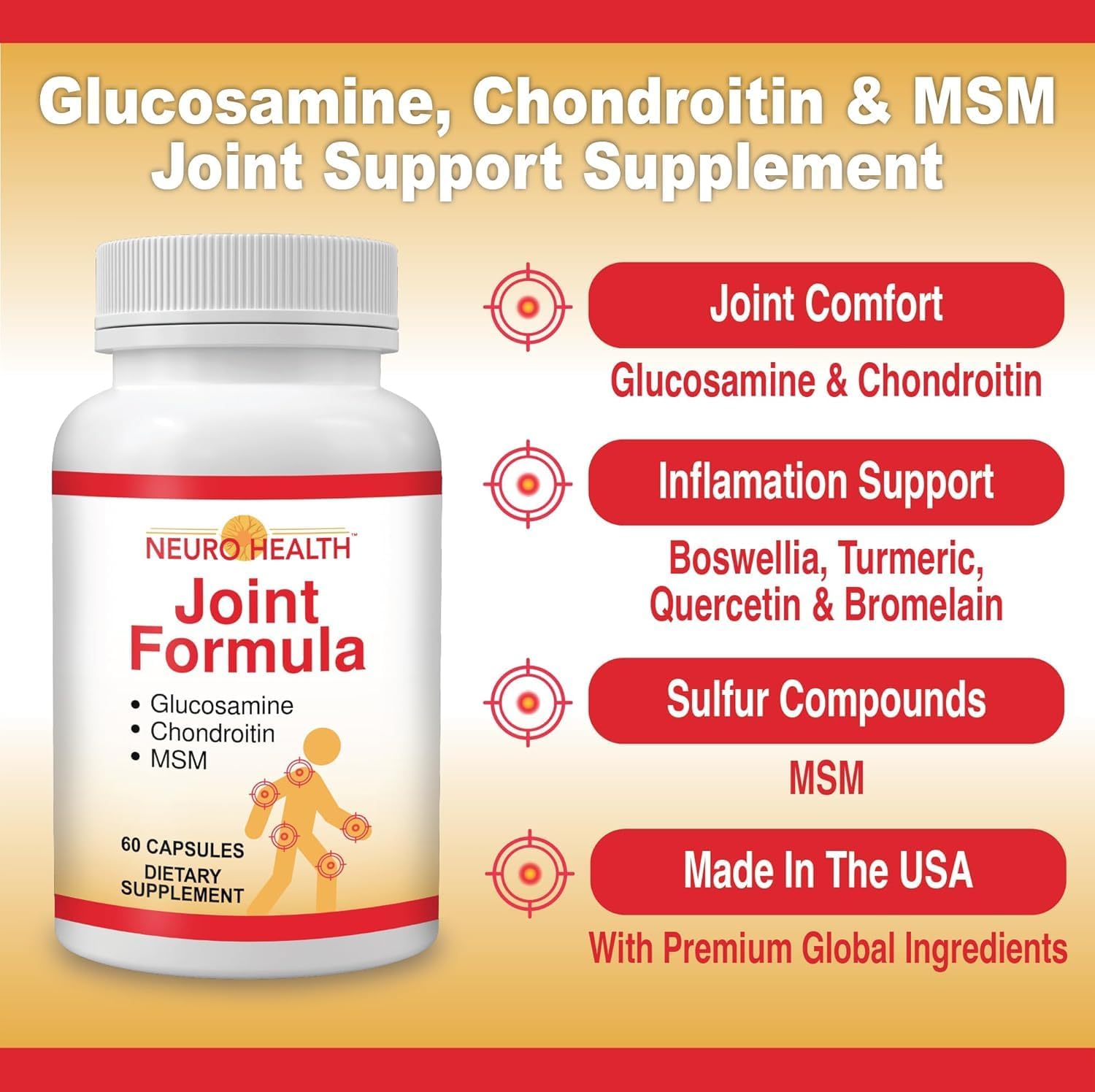 Joint Formula with Glucosamine, Chondroitin and MSM, 60 Capsules (1 Bottle) Turmeric/Joint Support Supplement for Bones, Back, Knees, Hands/Used for Cartilage & Joint Support