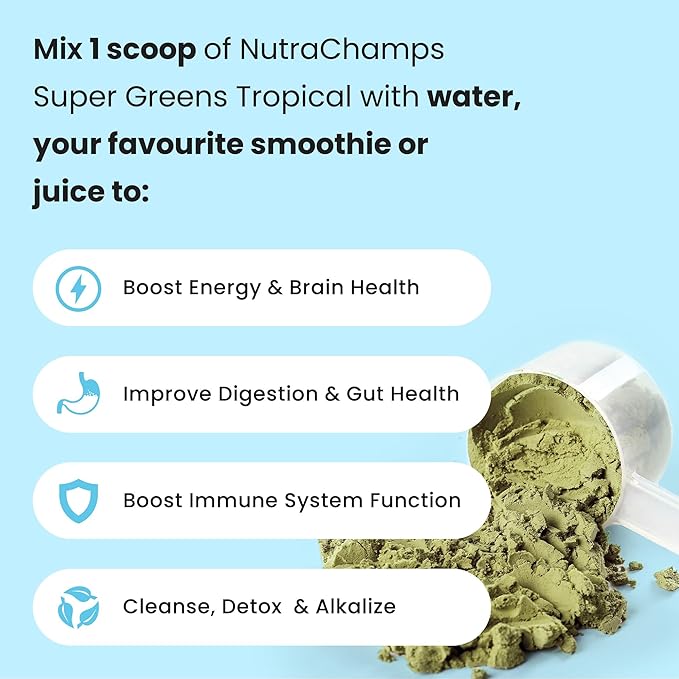 NutraChamps Super Greens Powder Premium Superfood | 20+ Organic Green Veggie Whole Foods | Alfalfa, Spirulina, Chlorella & More | Antioxidant, Digestive Enzyme & Probiotic Blends | Tropical | 60 SVG