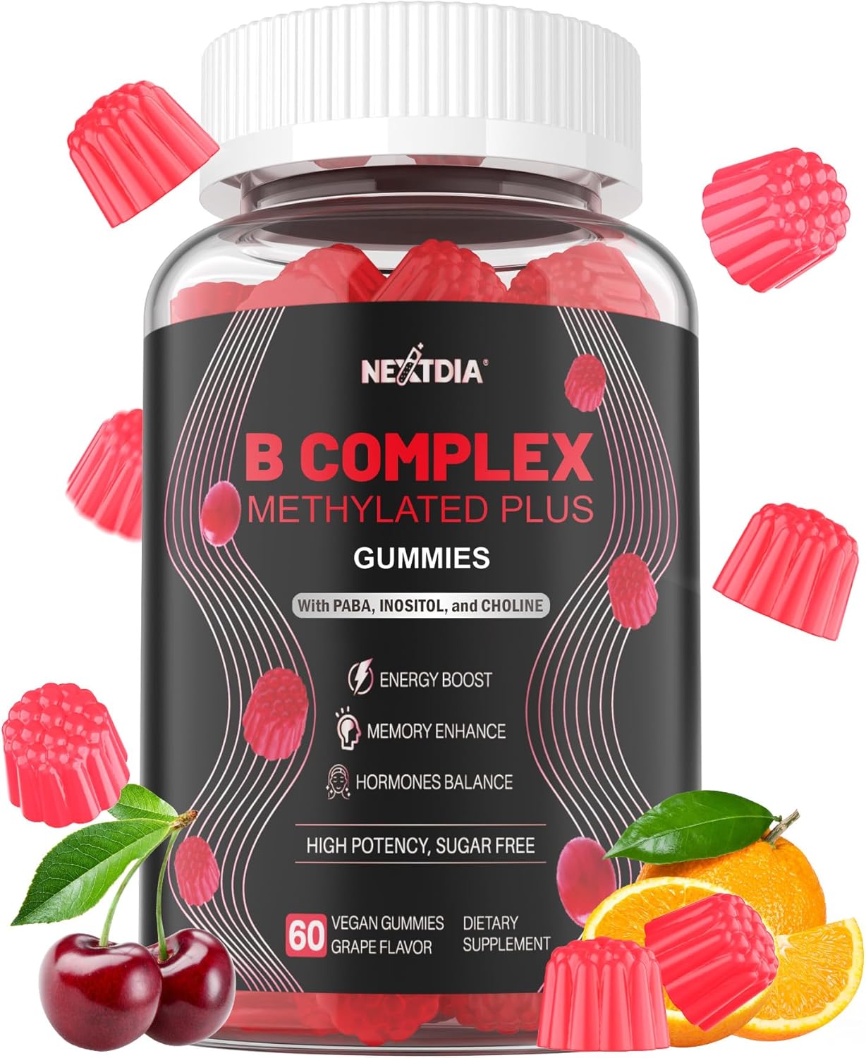 Super Methylated B Complex Vitamin Gummies – All B Vitamins + Inositol, Biotin, PABA, Iron, Choline for Women & Men, Methyl B12 2000 mcg, Folate, B1,B2,B3,B5,B6,B7, Supports MTHFR Gene & Energy, 60 Ct