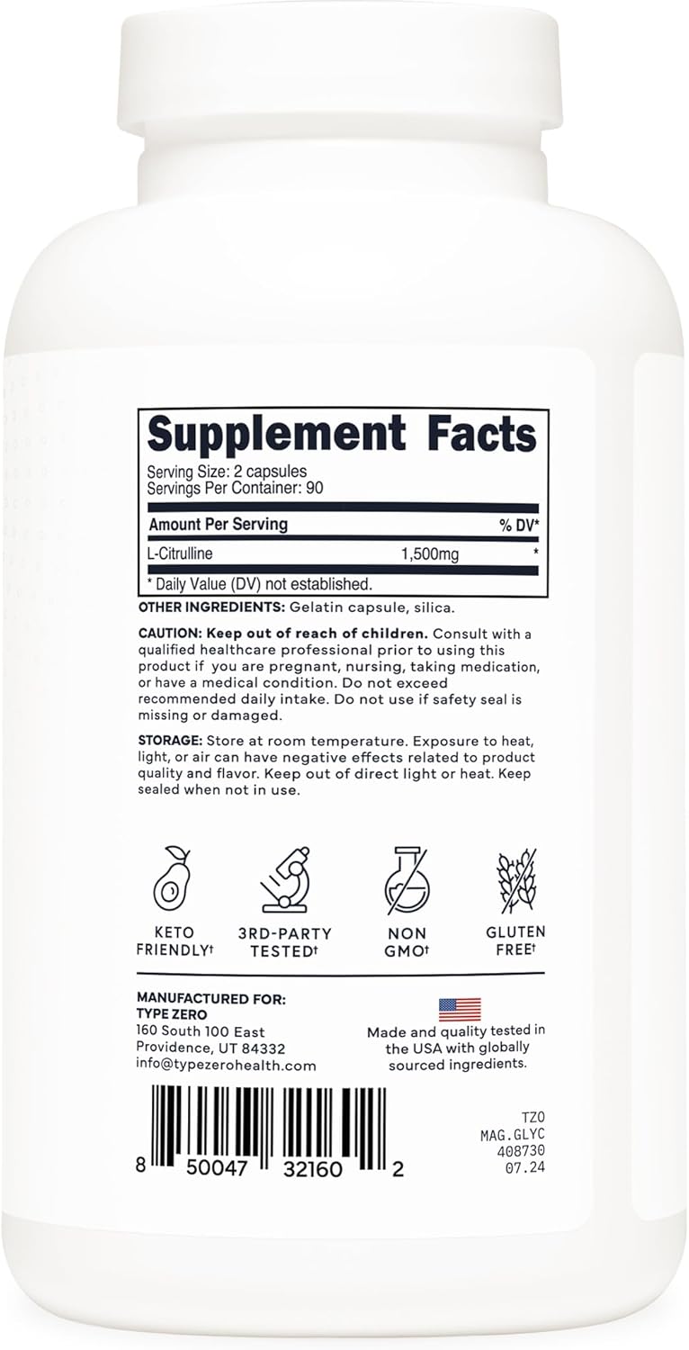 Type Zero L-Citrulline Capsules (180 Capsules) (1500 mg per Serving) - GMO-Free