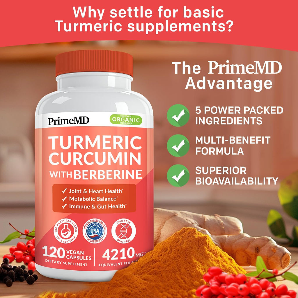 5-in-1 Organic Turmeric Curcumin Supplement (4210mg) with Berberine, Ceylon Cinnamon Bioperine and Ginger Supplements for Joint, Heart, Gut, & Metabolic Support (120 ct) (Pack of 2)
