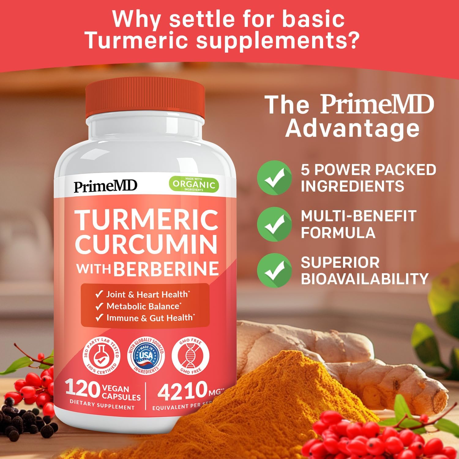 5-in-1 Organic Turmeric Curcumin Supplement (4210mg) with Berberine, Ceylon Cinnamon Bioperine and Ginger Supplements for Joint, Heart, Gut, & Metabolic Support (120 ct) (Pack of 2)