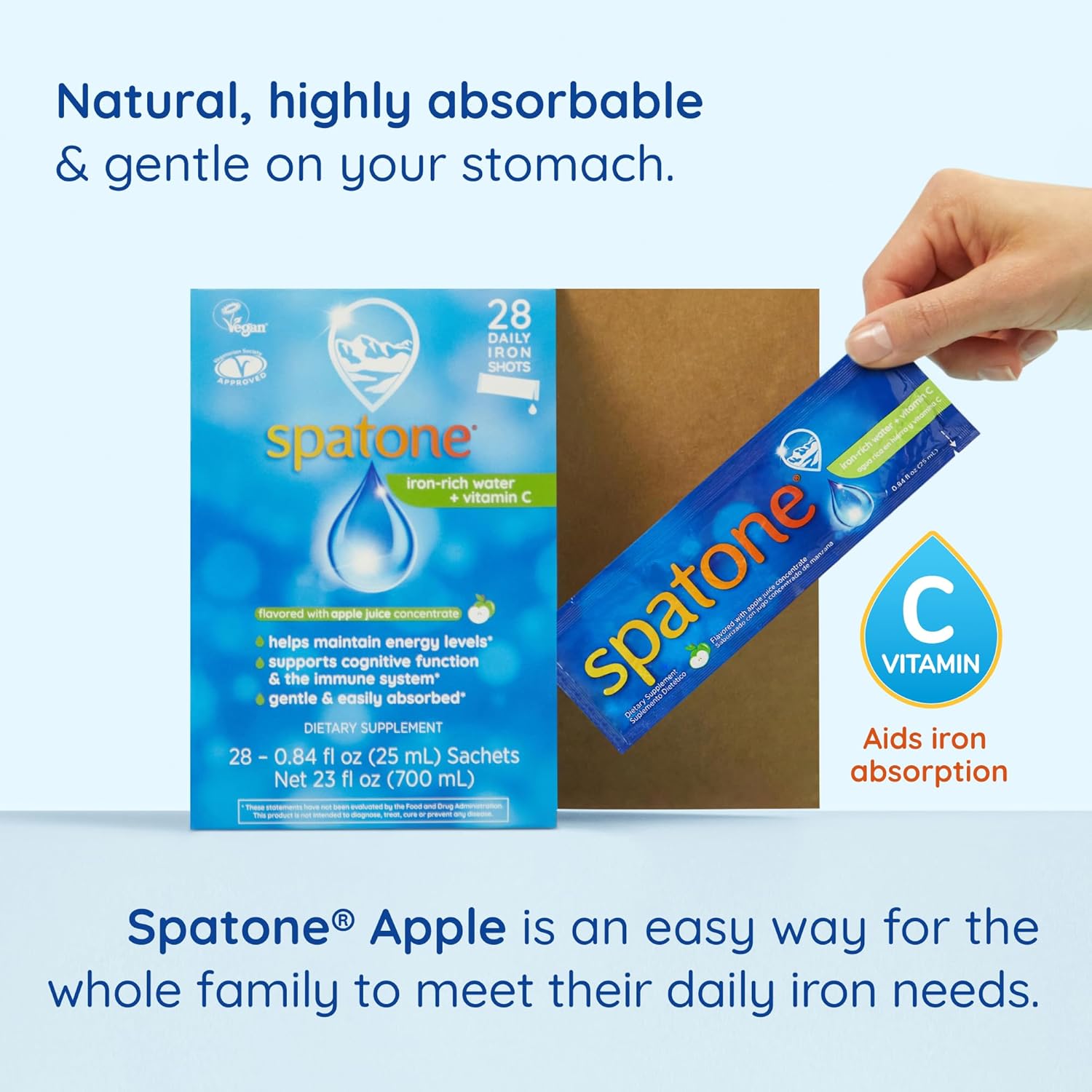 Spatone Natural Liquid Iron Supplement Plus VIT C for Women - Men & Kids Ages 4+ - Ideal During Pregnancy - Easily Absorbed & Gentle - Vegan - Apple Flavor - 28-Day - 5mg of Iron Per 20mL Sachet