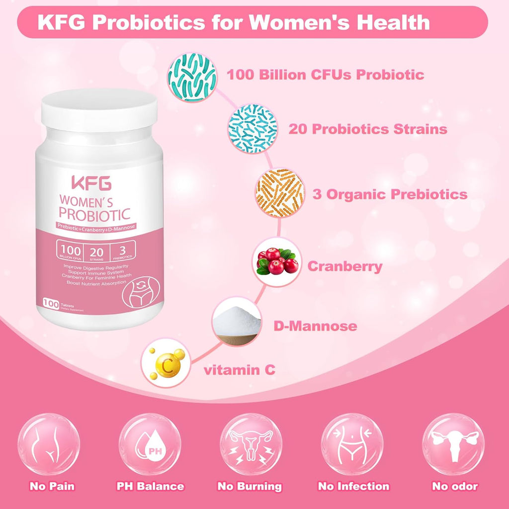 KFG Women's Probiotic, 100 Billion CFUs, 20 Strains, with Organic Prebiotics+Cranberry & D-Mannose, for Boost Immune, Digestive, Gut, Vaginal & Urinary Health, Gluten Dairy & Soy Free, 100 Tablets.