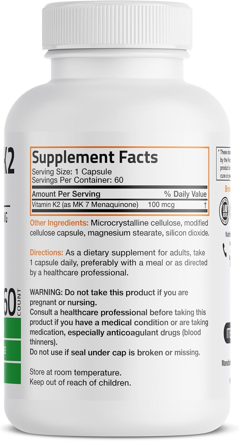 Bronson Vitamin K2 as MK-7 Menaquinone 100 mcg Non-GMO, 60 Capsules