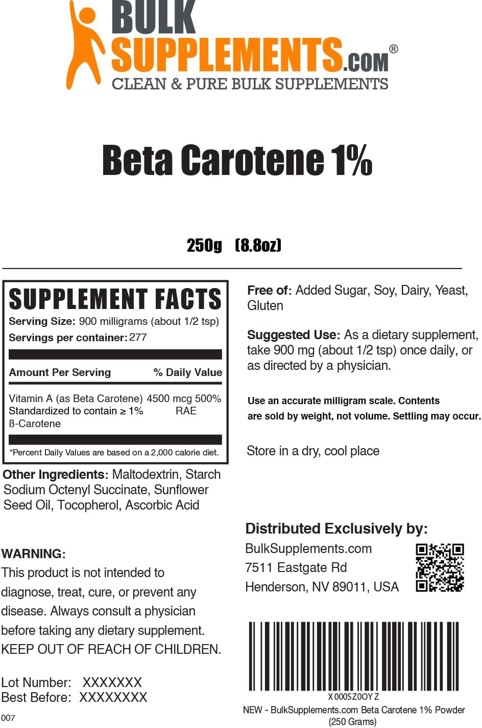 BulkSupplements.com Beta Carotene Powder - Vitamin A Supplements, Beta Carotene Supplements - for Vision & Eye Support, Gluten Free, 900mg per Serving, 250g (8.8 oz) (Pack of 1)