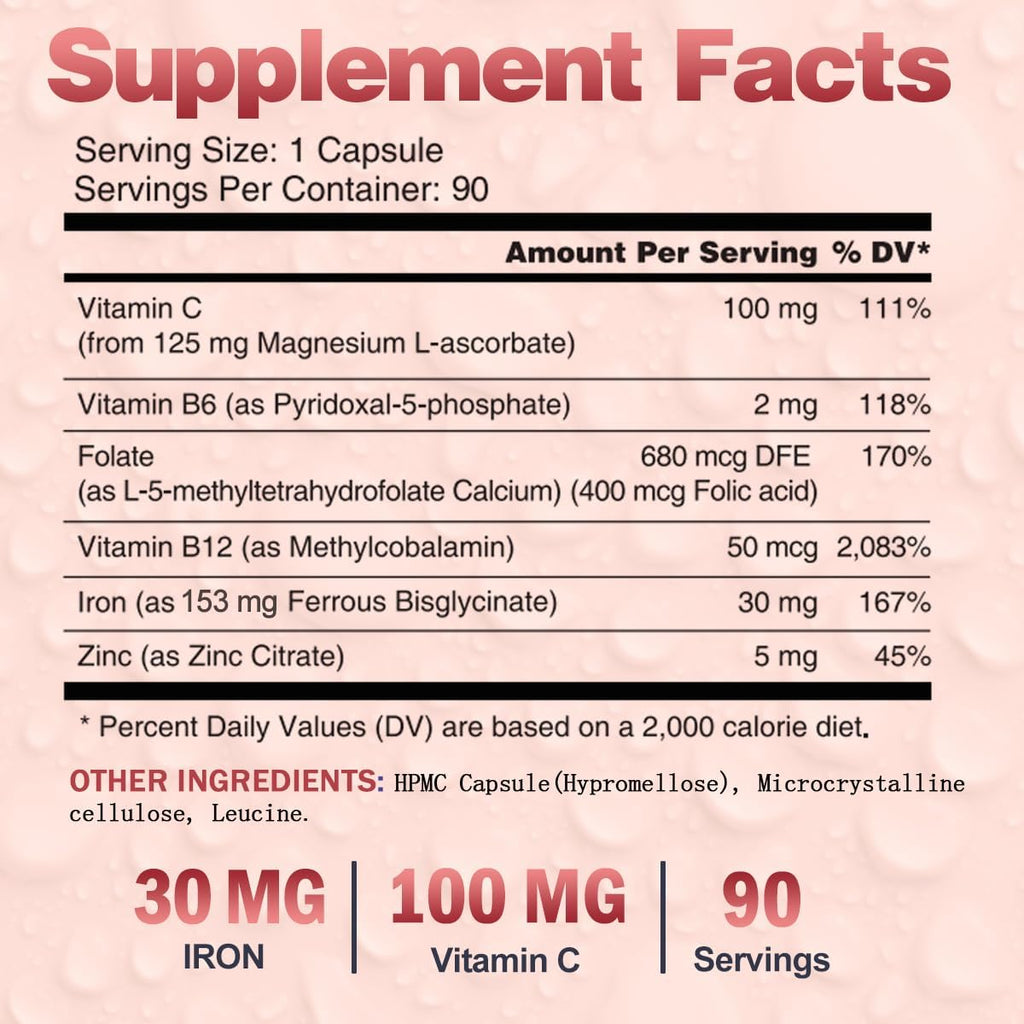 Iron Supplements for Women Men, Vegan Iron Bisglycinate 30mg Plus Vitamin C, B12, Folic Acid - Iron Pills for Anemia, Health Blood & Energy Support - Gentle, High Absorption, Non-GMO - 90 Capsules