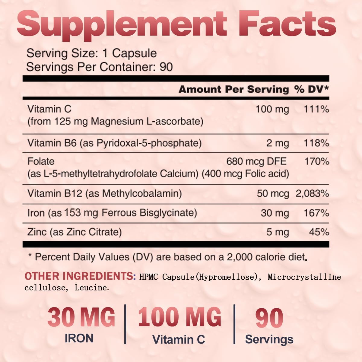 Iron Supplements for Women Men, Vegan Iron Bisglycinate 30mg Plus Vitamin C, B12, Folic Acid - Iron Pills for Anemia, Health Blood & Energy Support - Gentle, High Absorption, Non-GMO - 90 Capsules