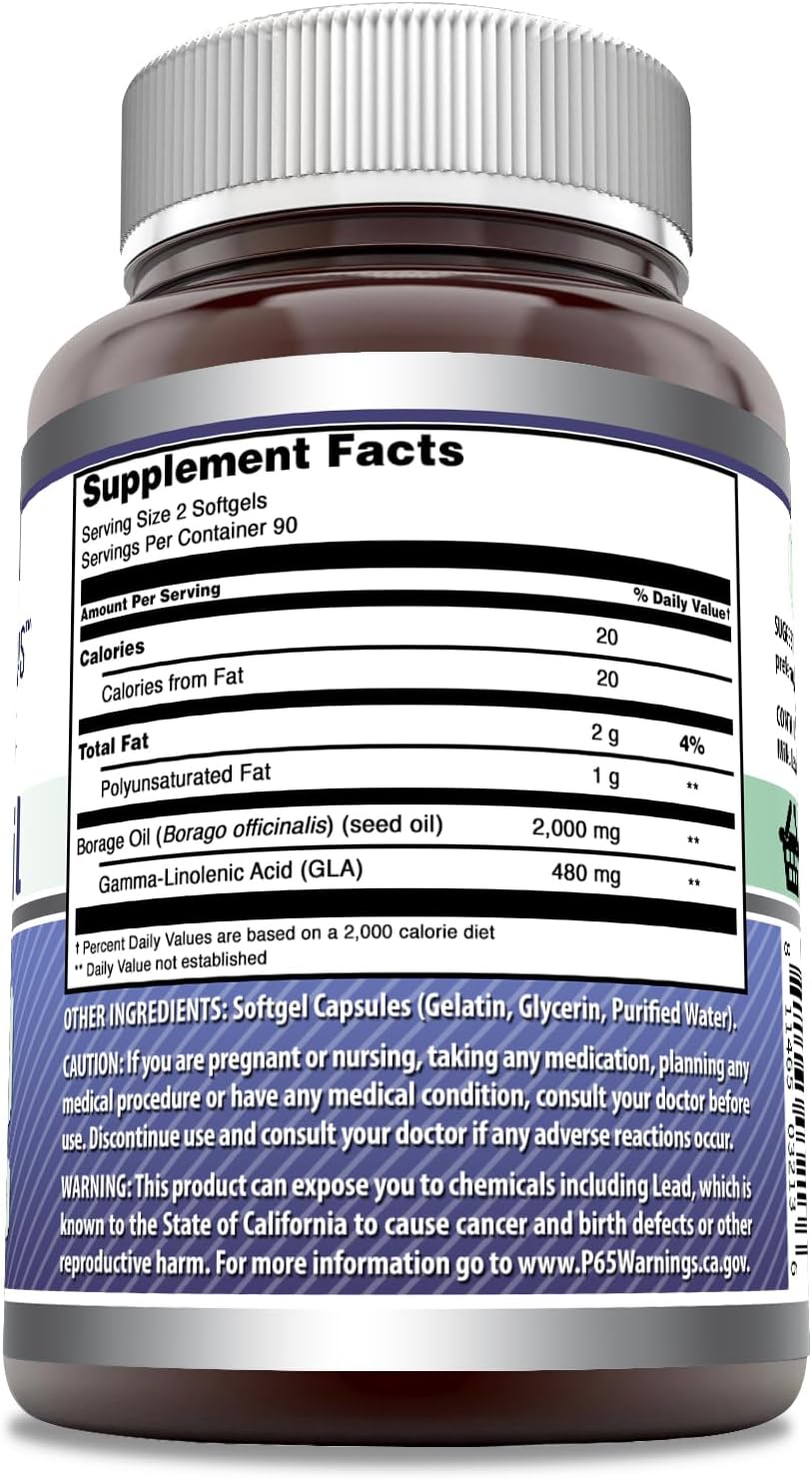 Amazing Formulas Borage Oil Supplement | 2000 Mg Per Serving | Softgels | Non-GMO | Gluten-Free | Made in USA (180 Count, 1 Pack)