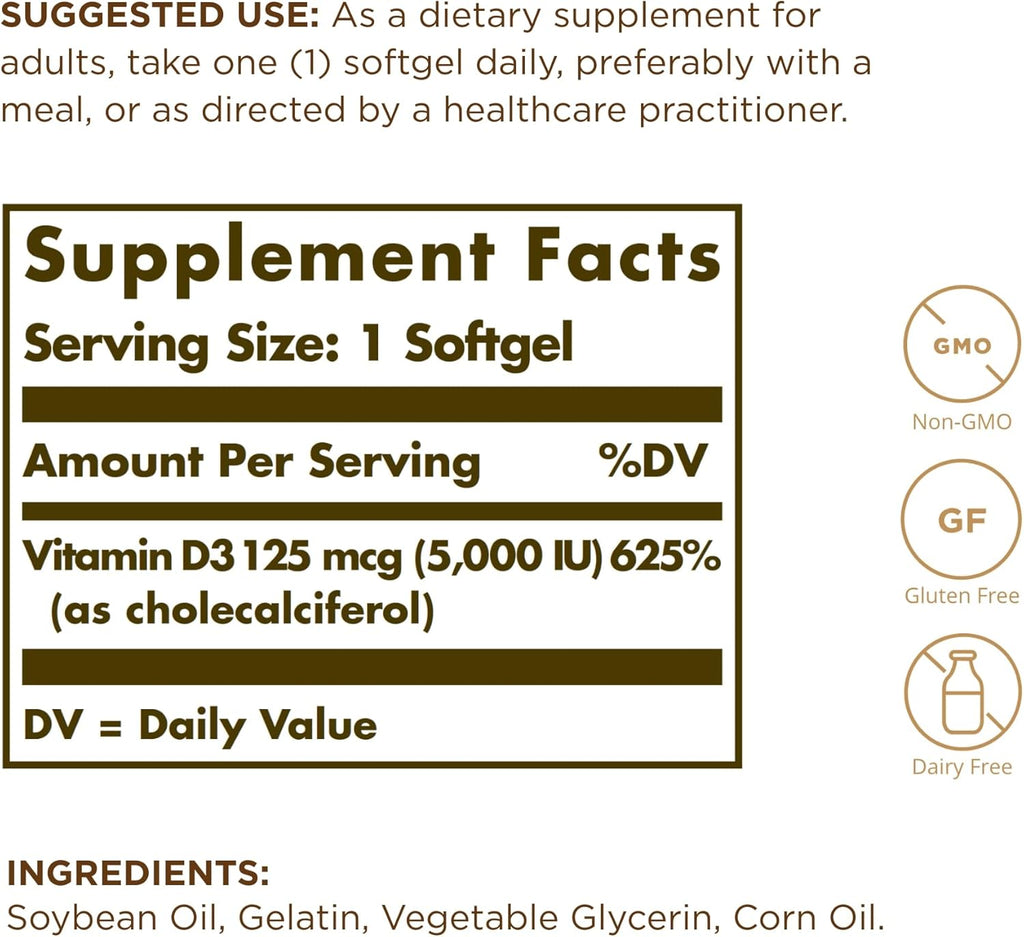 Solgar Vitamin D3 (Cholecalciferol) 10 mcg (400 IU) - 100 Softgels, Pack of 2 - Helps Maintain Healthy Bones & Teeth - Immune System Support - Non-GMO, Gluten Free, Dairy Free - 200 Total Servings
