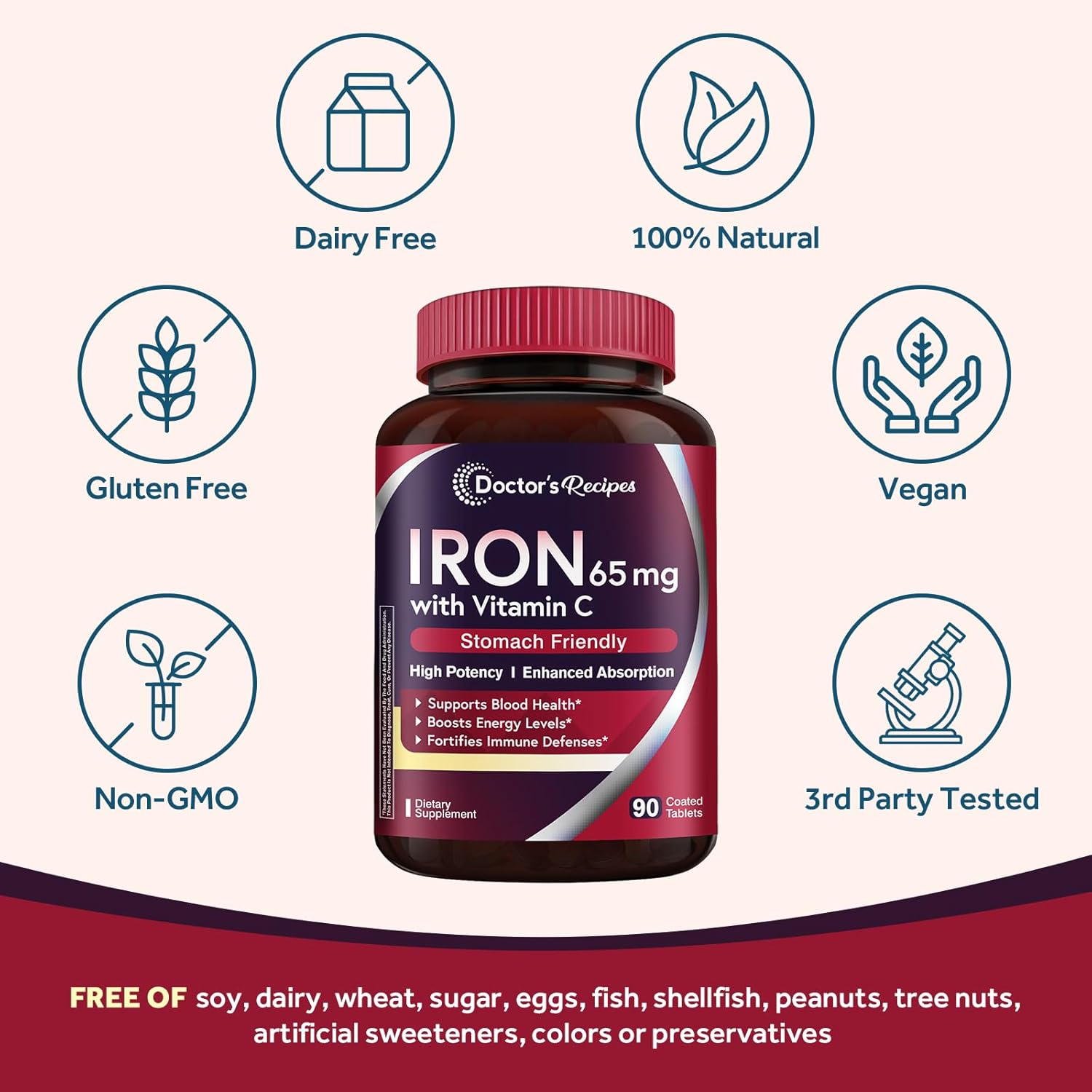 Doctor's Recipes Iron Supplement 65 mg with Vitamin C - Maximized Absorption & Stomach Friendly Iron Pills for Red Blood Cells Formation, Heart, Brain & Immunity Health - Vegan Non-GMO 90 Iron Tablets