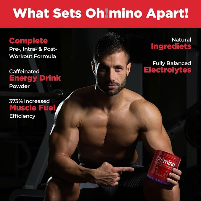 Oh!mino Essential Amino Acids Supplement Drink Powder, Berry Blast, Caffeinated Powder, All 9 EAAs, BCAAs and The Perfect Amino for Workouts, Amino Energy, and to Build Muscle, and Recover Faster