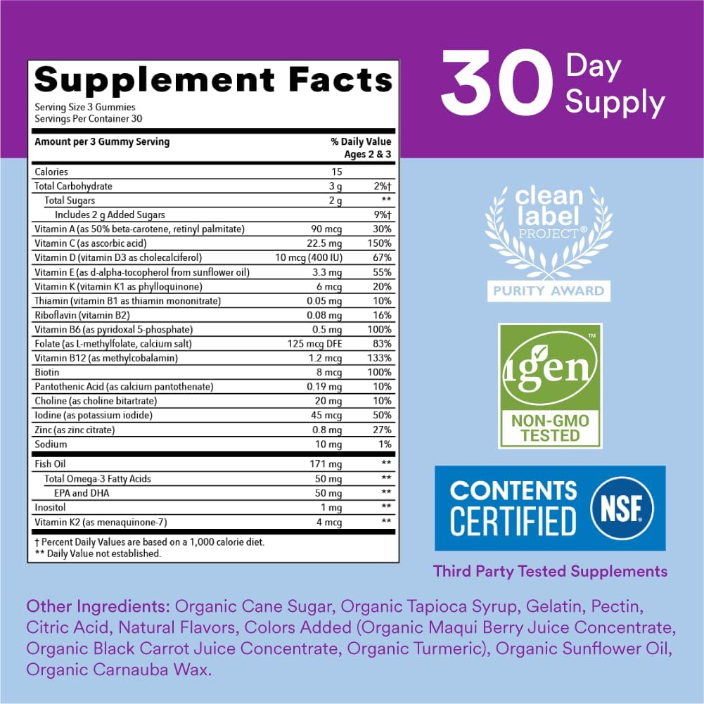 SmartyPants Toddler Multivitamin Gummies: Omega 3 Fish Oil (EPA/DHA), Vitamin D3, C, Vitamin B12, B6, A, K & Zinc, Biotin, Beta Carotene, Gluten Free, Three Fruit Flavors, 90 Count (30 Day Supply)