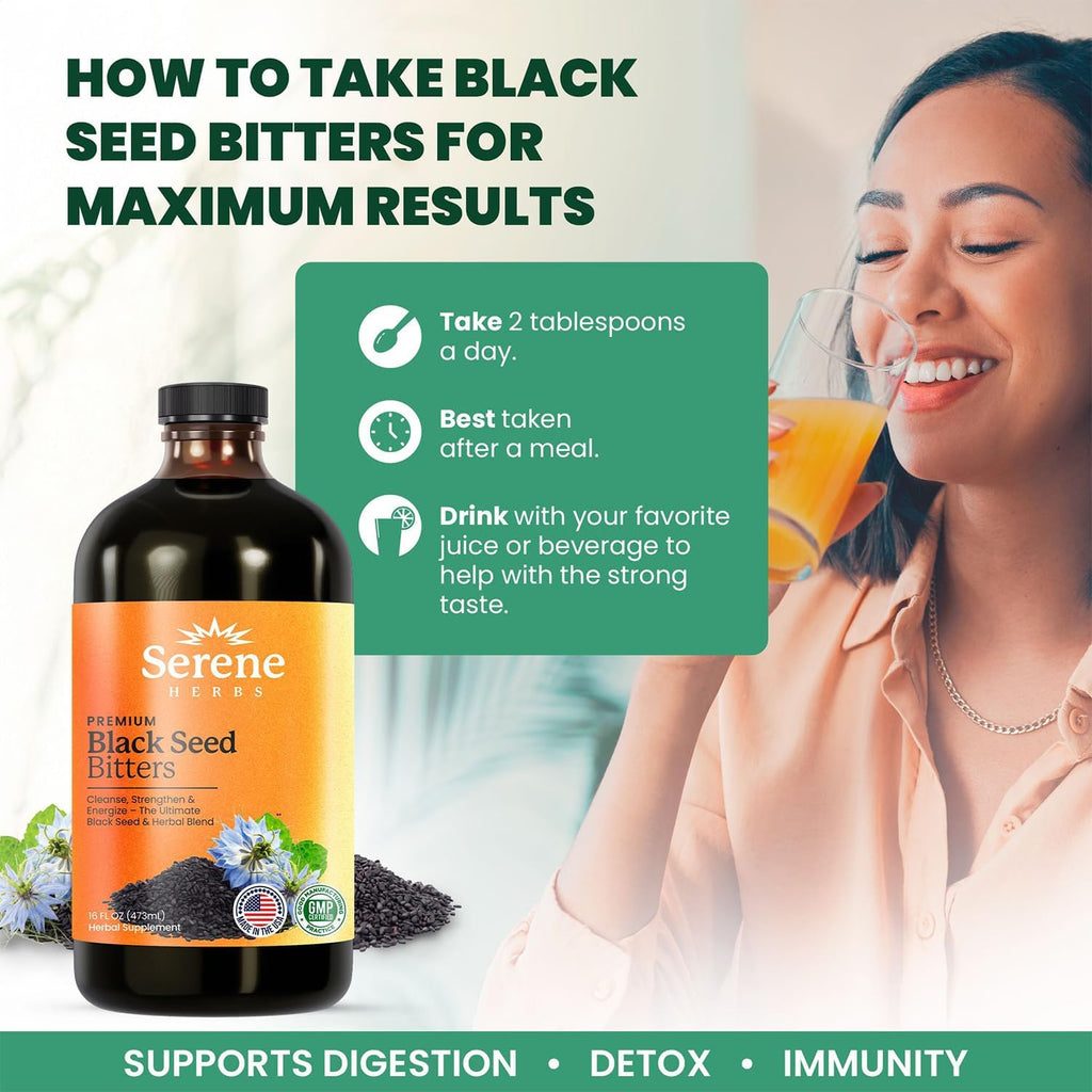 Serene Herbs Organic Black Seed Oil Bitters Liquid - Black Cumin Seed Extract, Nigella Sativa, Pure Blackseed Supplement with Thymoquinone for Immune Support & Digestion - Vegan - 16 oz