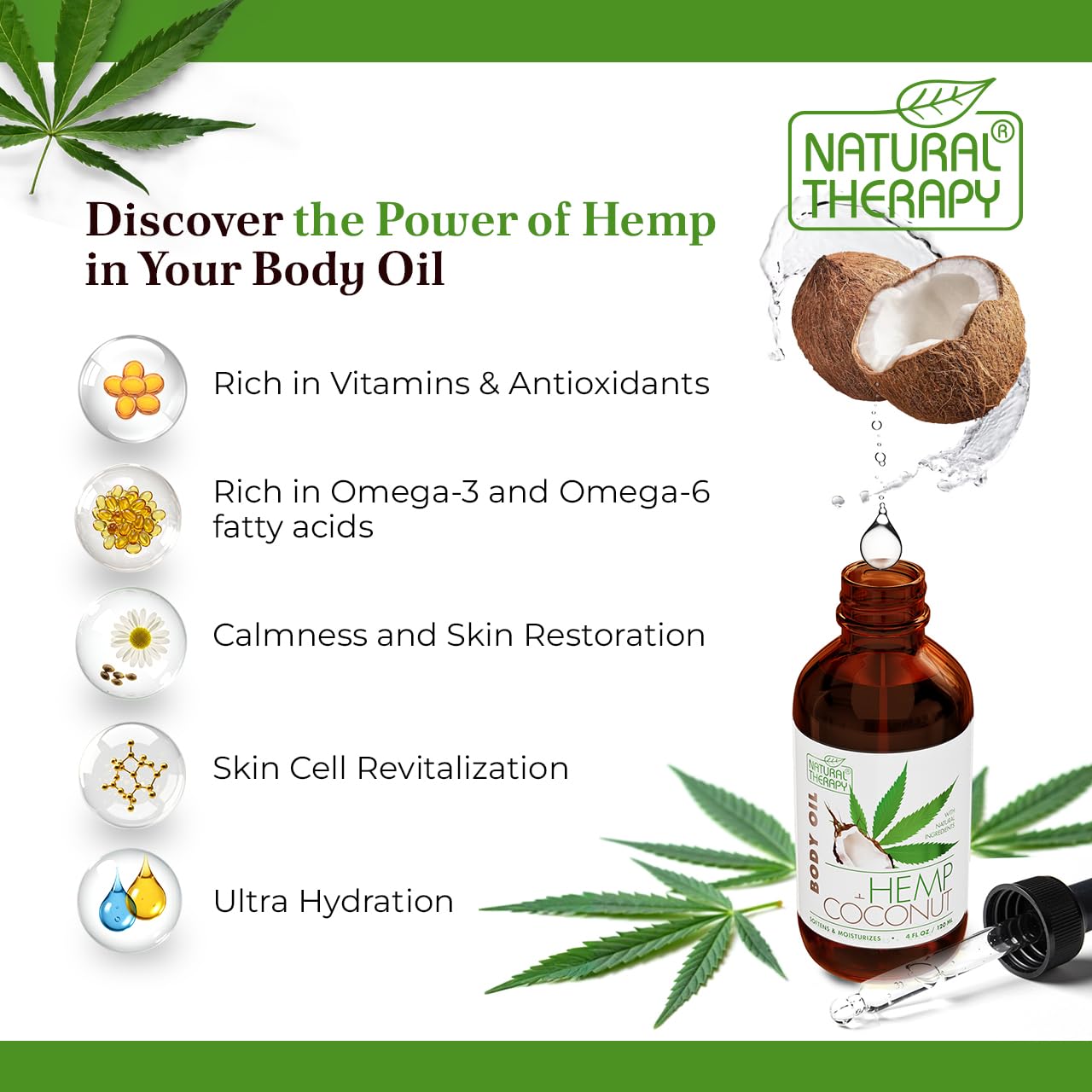 Natural Therapy Hemp & Coconut Body Oil – Moisturizing Body Oil – Hydrate & Soften Skin – Increase Skin Elasticity and Provide Anti-Aging Support (4 Fl.Oz)