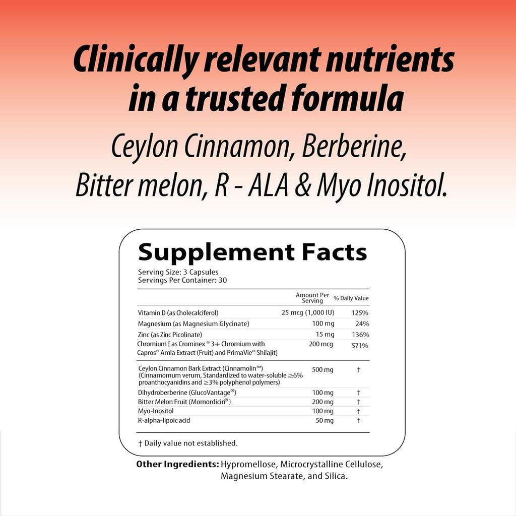 Blood Sugar Complex with Berberine (Dihydroberberine) Ceylon Cinnamon Bitter Melon Myo-Inositol R-ALA Vit. D Chromium Magnesium & Zn–Supports Healthy Sugar Metabolism–90 NutriSulin Supplement Capsules