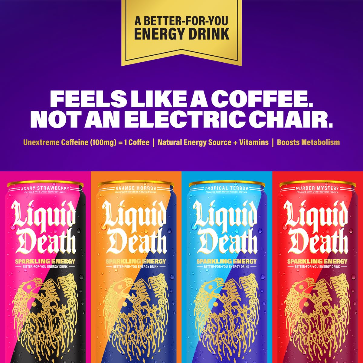 Liquid Death Sparkling Energy - Murder Mystery (Cherry Vanilla and Spice Flavor), Sugar-Free Energy Drink, Unextreme Caffeine 100mg, Essential Vitamins, 12 Fl Oz (Pack of 12)