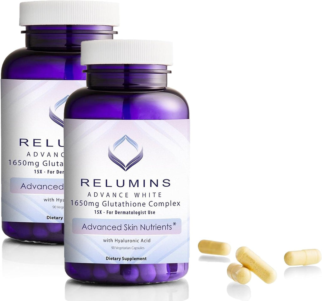 Relumins 1650mg L-Glutathione Complex with Hyaluronic Acid, Alpha Lipoic Acid, Rose HIPS, Vitamin E & Riboflavin – Antioxidant Support, Skin Hydration & Wellness – 90 Veggie Capsules x 2 Bottles