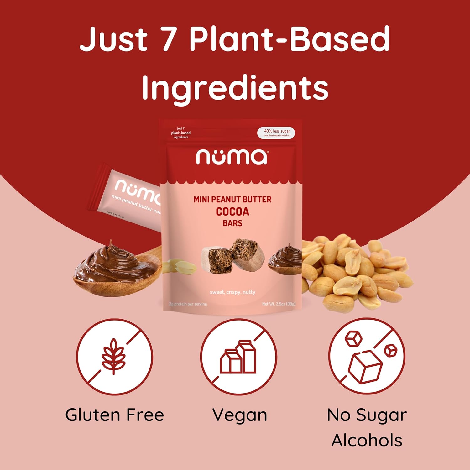 Numa Mini Peanut Butter Cocoa Bars - Vegan, Low Sugar, High Protein, Natural, Gluten Free - Crunchy Plant Based PB Snacks - 3 Bags with 8 Individually Wrapped Chocolate Protein Bars