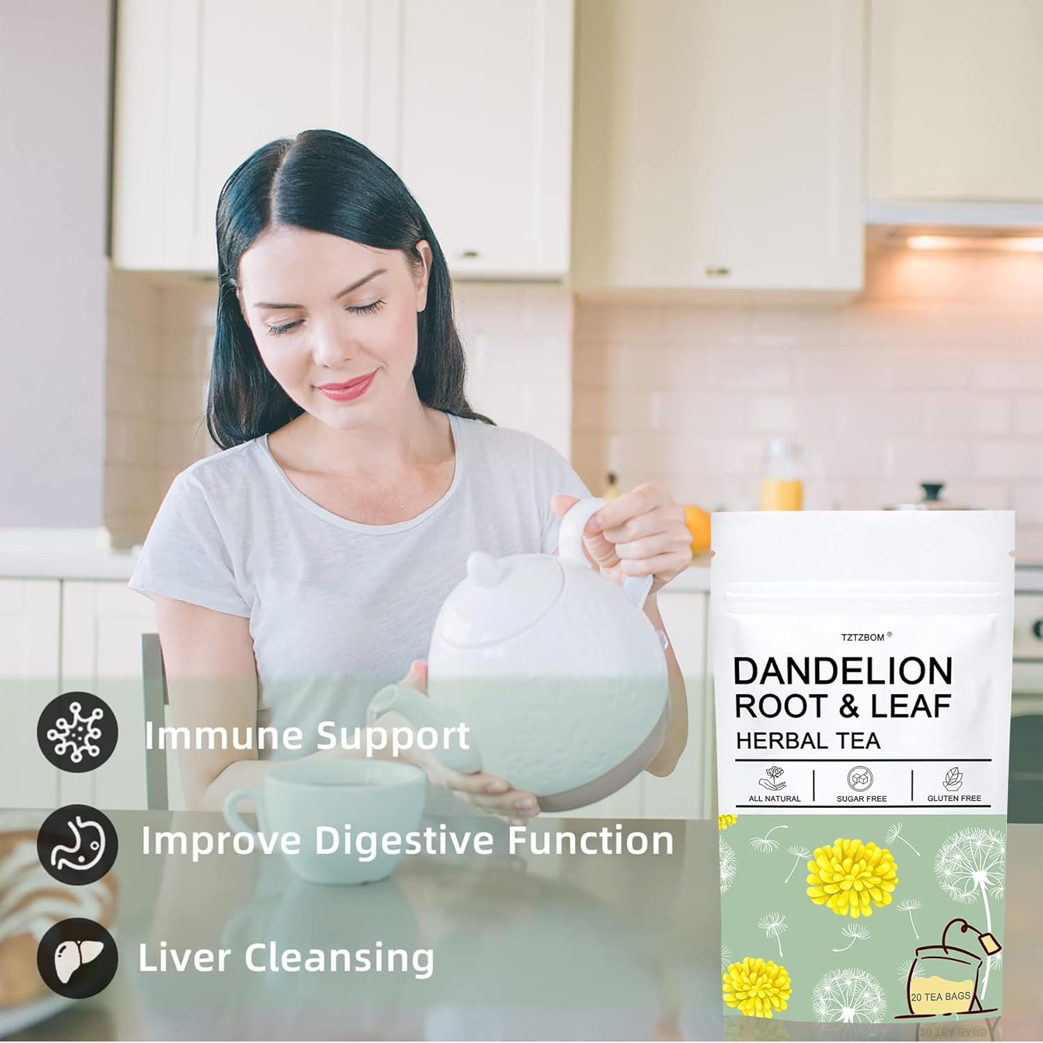 TZTZBOM Natural Dandelion Leaf & Root Tea bags, Energizing Dandelion Tea for Liver & Kidney Health & Boost Immune System (20 Tea Bags) Non-GMO - Caffeine-free