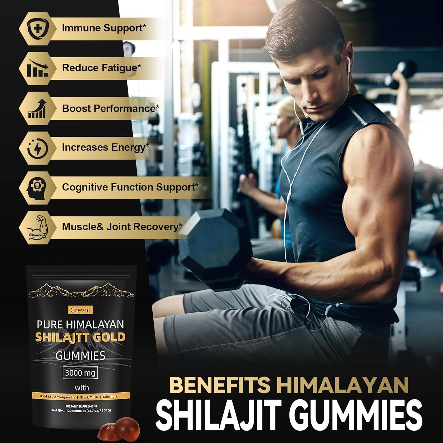 Pure Himalayan Shilajit Gummies with Ashwagandha Fulvic Acid & 85+ Trace Minerals - No Added Sugar - Individually Wrapped - 120 Gummy
