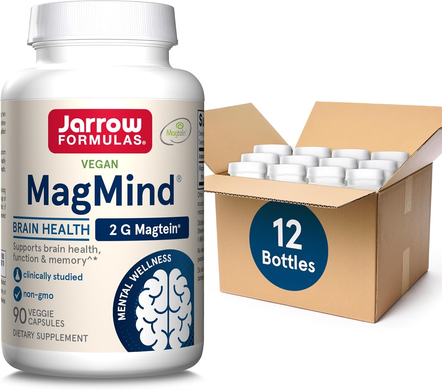 Jarrow Formulas Magnesium L-Threonate, MagMind Brain Supplements for Memory Support, 90 Veggie Capsules, Up to a 30 Day Supply, Pack of 12