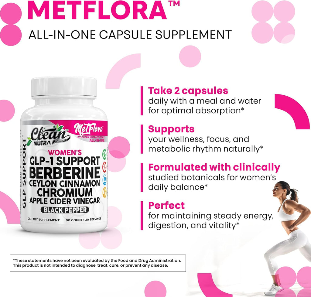 Clean Nutra Women's GLP-1 Support Complex, Berberine with Ceylon Cinnamon, Chromium, Apple Cider Vinegar, 90 Capsules