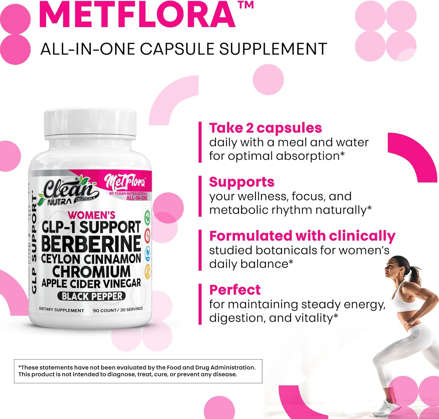 Clean Nutra Women's GLP-1 Support Complex, Berberine with Ceylon Cinnamon, Chromium, Apple Cider Vinegar, 90 Capsules