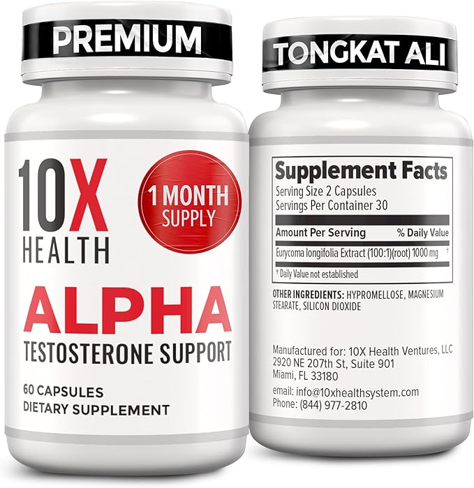 10X Health Alpha Testosterone Supplement for Men - 60 Capsules Mens Testosterone Supplement with Tongkat Ali 1000mg - Strength, Vitality & Muscle Growth Supplements for Men