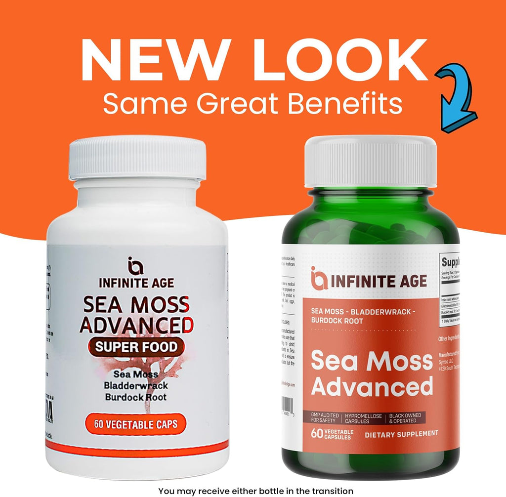 INFINITE AGE 2 Pack of 1250mg Sea Moss Advanced Superfood Capsules, 120 Count - High-Potency, Vegan, Made in The USA - Irish Seamoss, Bladderwrack, Burdock Root - Overall Health, Immunity Support
