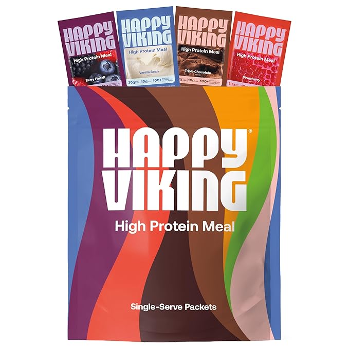 Happy Viking Travel Pack Sampler Protein + Superfoods Powder, Created by Venus Williams, 30G Protein, Low Carb, Keto, Vegan, Gluten-Free, Non-GMO, Complete Meal Replacement, 12 Travel Packs