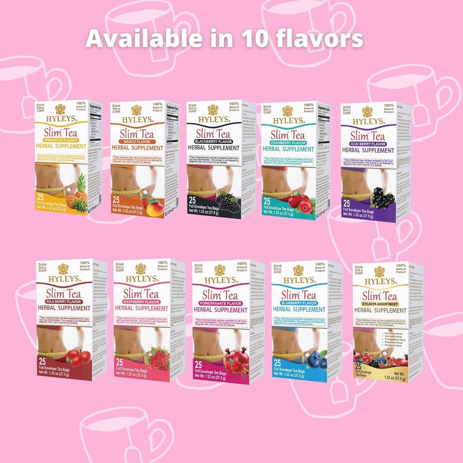 Hyleys Slim Tea Blueberry Flavor - Weight Loss Herbal Supplement Cleanse and Detox - 25 Tea Bags (12 Pack)
