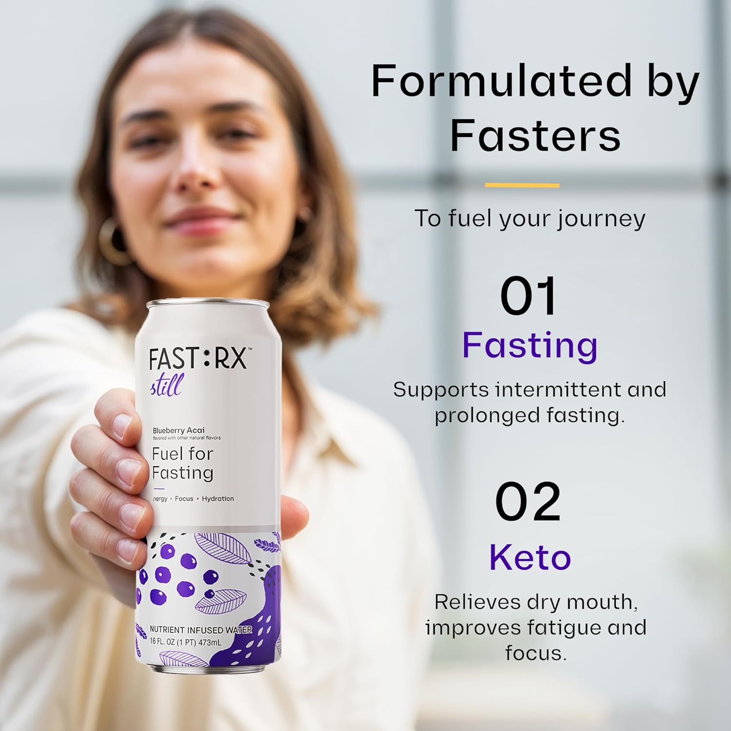FASTRX Blueberry Acai Still Fasting Electrolyte Drink – Hunger Suppressant, Includes Essential Electrolytes and Vitamins, De-Sugared Blueberry Juice – Zero Sugar, 16 Fl Oz, Pack of 12