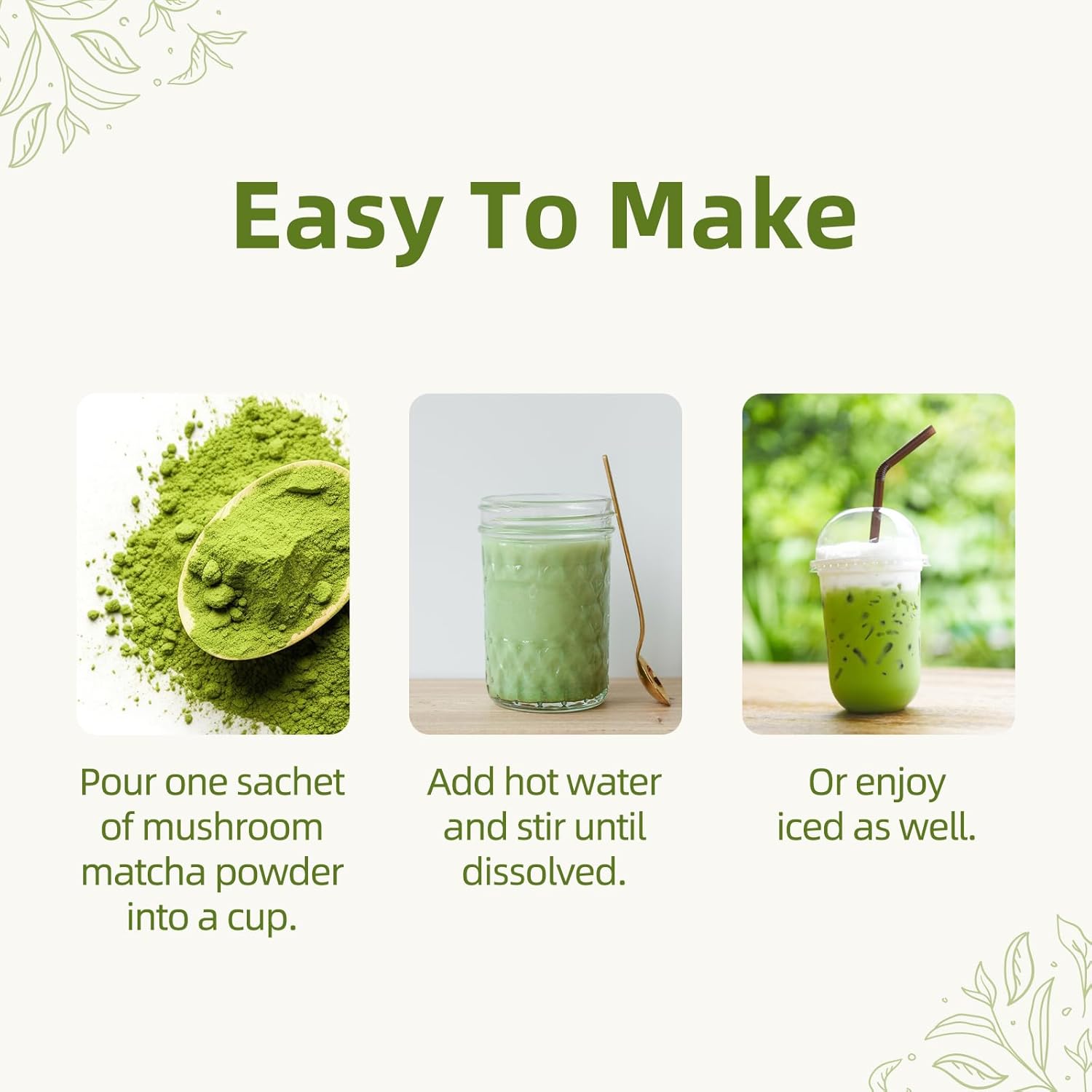 GANOHERB Mushroom Matcha Latte Powder, 7.4 Ounce, 7 Superfood Mushrooms with 25% Beta-Glucans, Lions Mane, Reishi, Chaga, Coconut Powder, Ceremonial Grade Matcha Latte Green Tea
