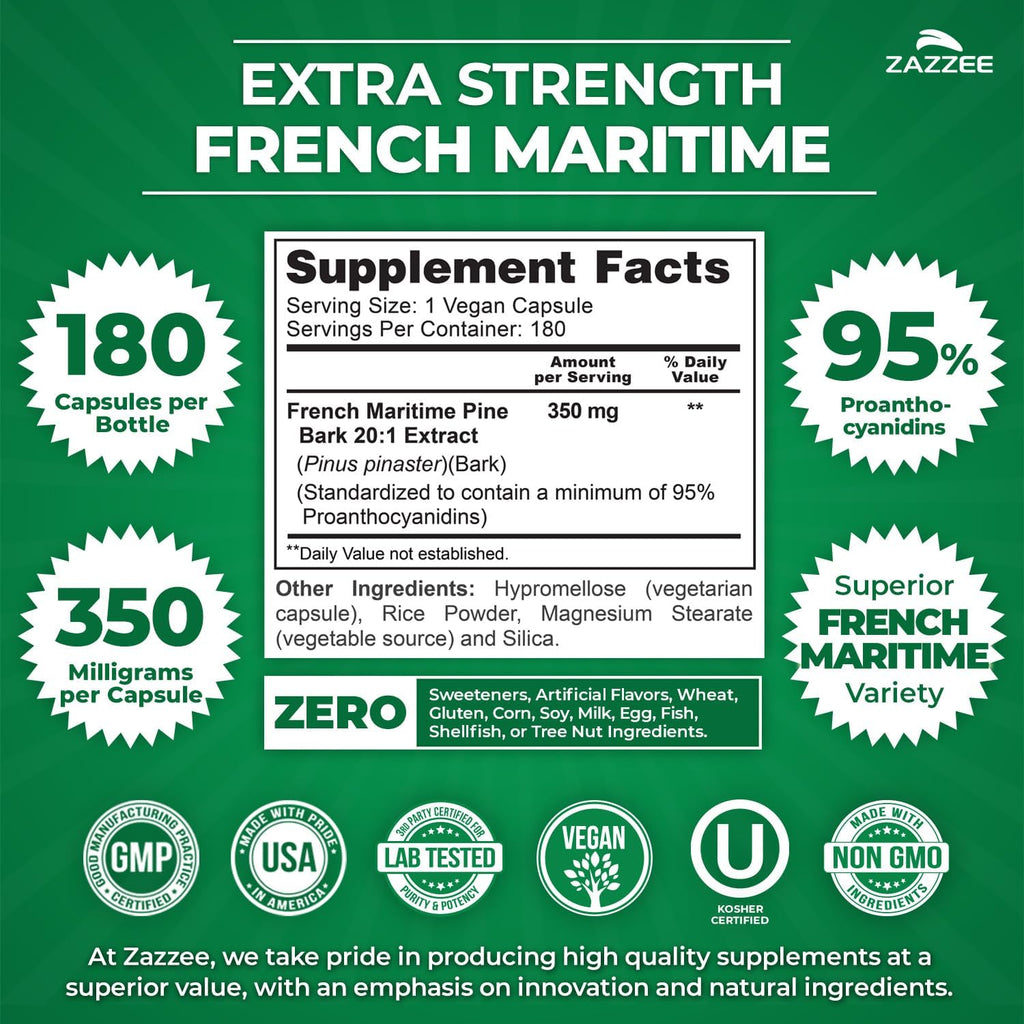 Zazzee Extra Strength French Maritime Pine Bark 20:1 Extract, 350 mg Per Capsule, 180 Vegan Capsules, 95% Proanthocyanidins, Kosher, 6 Month Supply, Standardized 20X Extract, Non-GMO, Made in The USA