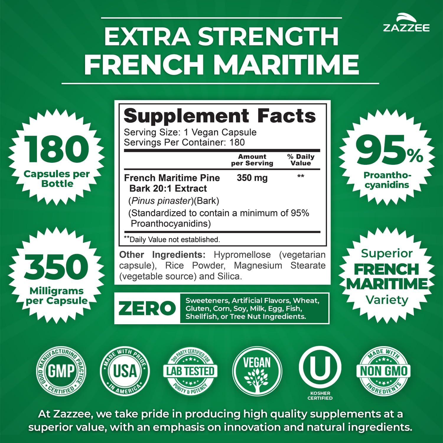 Zazzee Extra Strength French Maritime Pine Bark 20:1 Extract, 350 mg Per Capsule, 180 Vegan Capsules, 95% Proanthocyanidins, Kosher, 6 Month Supply, Standardized 20X Extract, Non-GMO, Made in The USA
