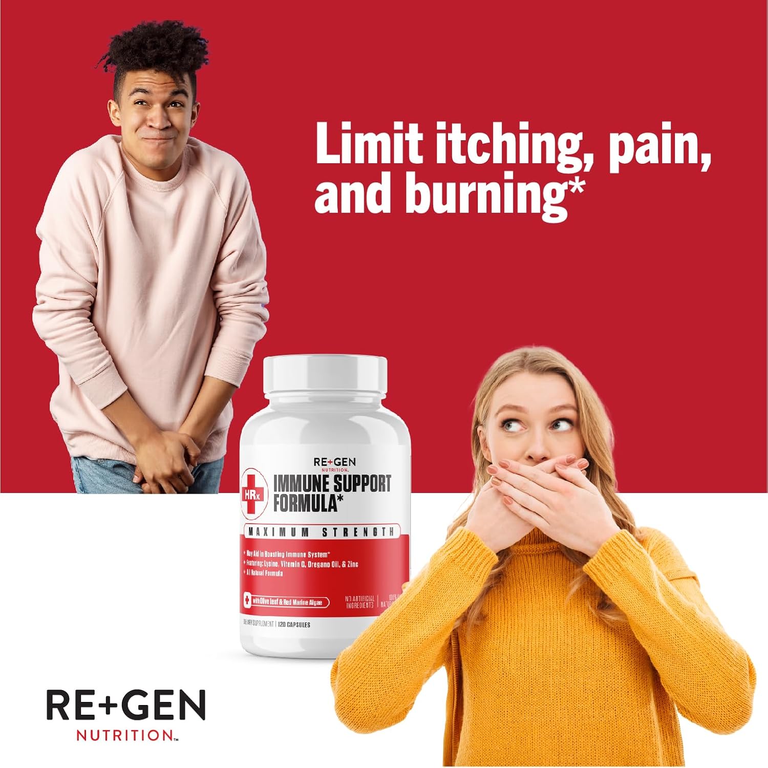 Re+Gen Nutrition Immune Support Supplement for Adults, Natural Capsules with Zinc, Vitamin C, L lysine Amino Acid & Oregano Oil for Strong Immunity Health in Men & Women, 120 Capsules