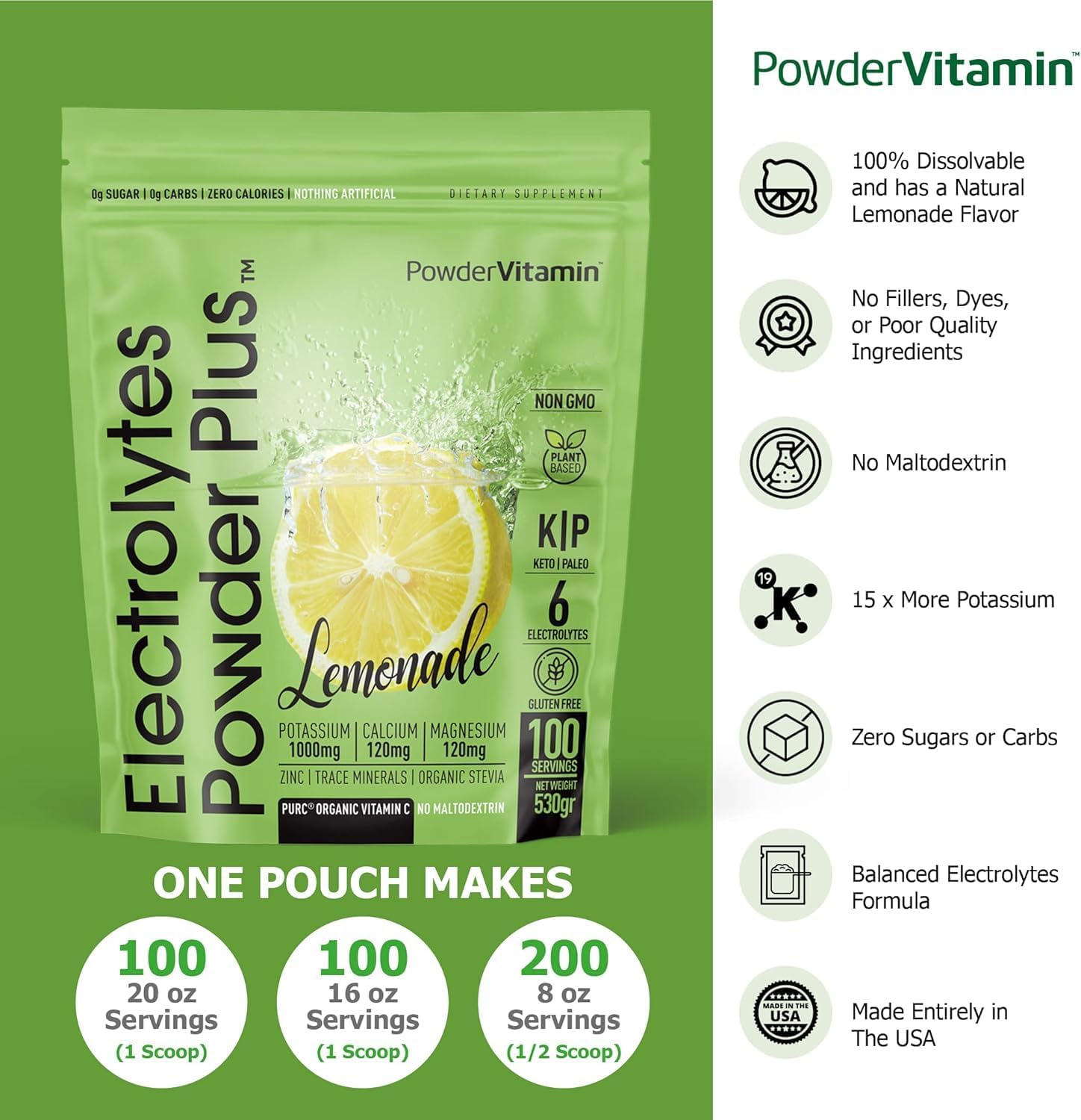 PowderVitamin Electrolytes Powder Plus Keto, Lemonade (100 Servings) 0 Sugar, No Maltodextrin,1000mg Potassium,120mg Calcium,120mg Magnesium,Organic Vitamin C,Zero Calories, Energy Hydration Powder