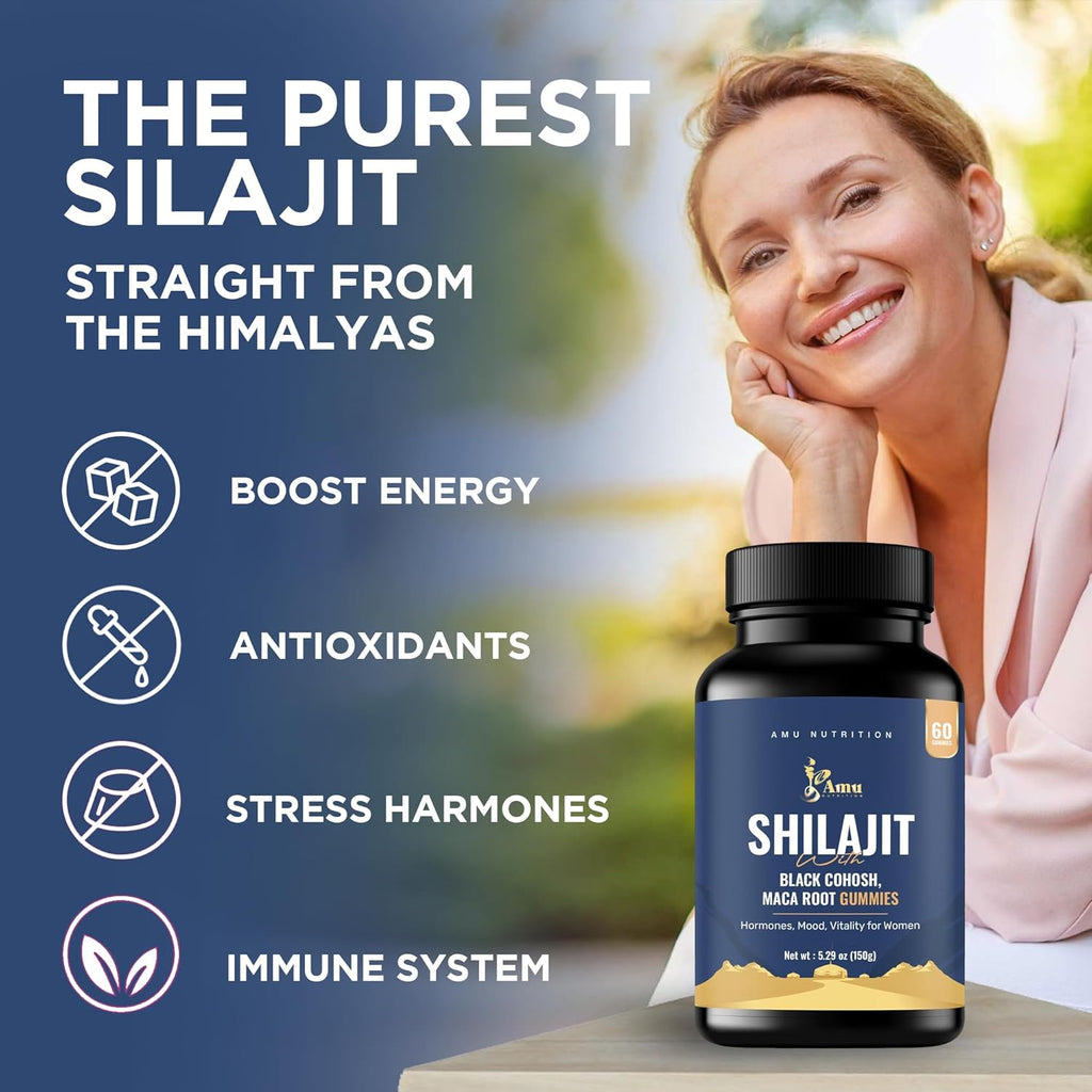 Shilajit Gummies for Men & Women with Maca Root & Black Cohosh (60 Count (Pack of 1), Maca Root & Black Cohosh)