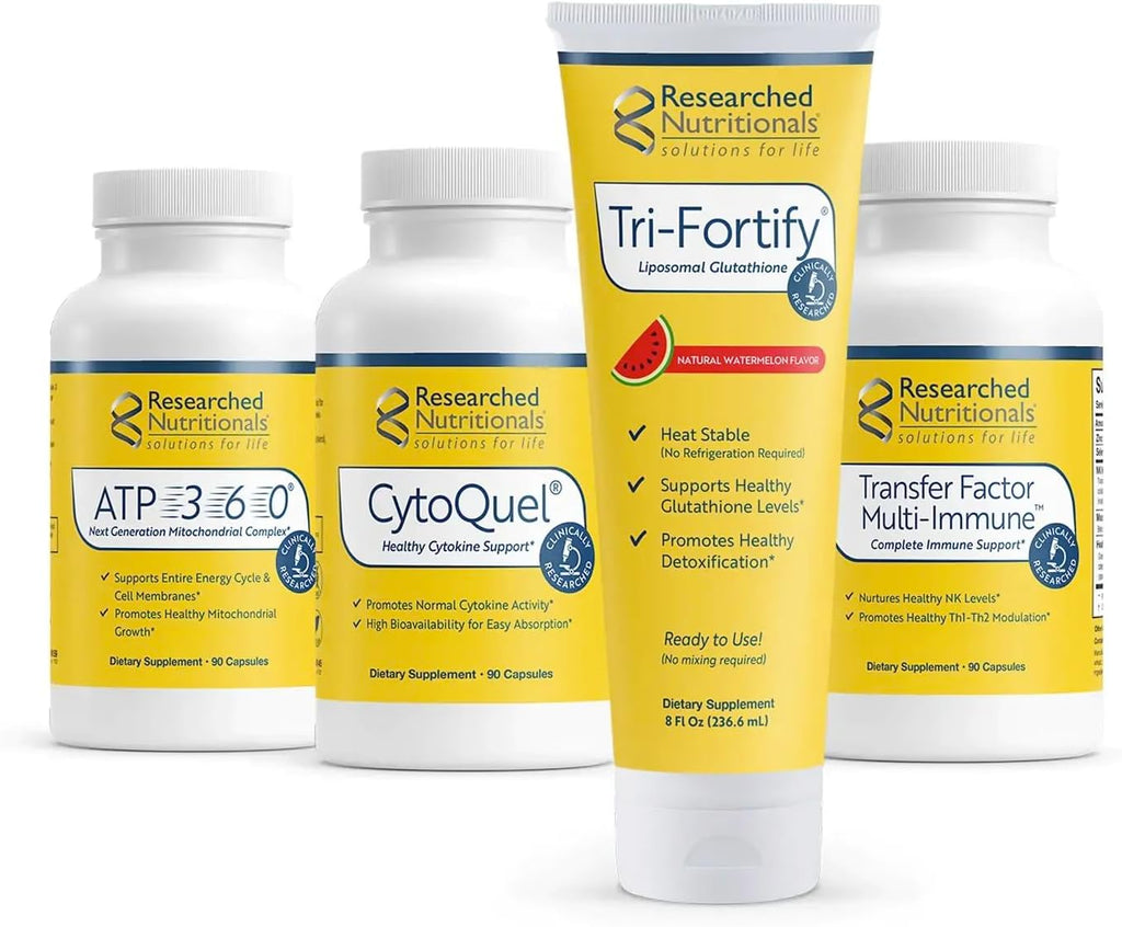 Researched Nutritionals Foundation Kit - Tri-Fortify Liposomal Glutathione (450mg) Watermelon, Transfer-Factor Multi Immune, ATP 360 & CytoQuel to Support Energy, Immunity, Cytokine Response & Detox