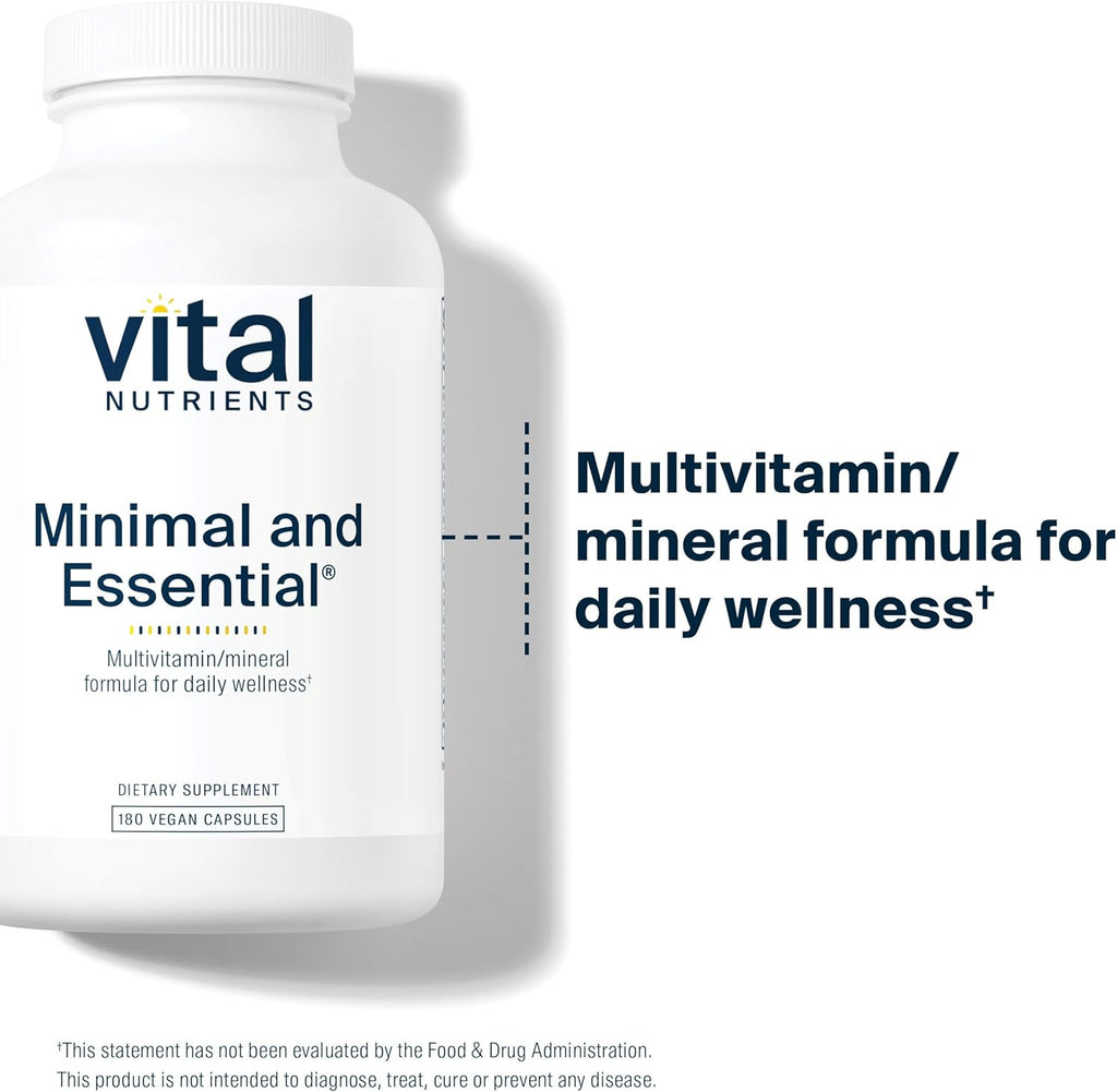 Vital Nutrients Minimal and Essential Multivitamin | Vegetarian One per Day Multi Vitamin, Mineral, & Antioxidant Supplement* | Iron-Free | Gluten, Dairy, Soy Free | Non-GMO | 180 Capsules